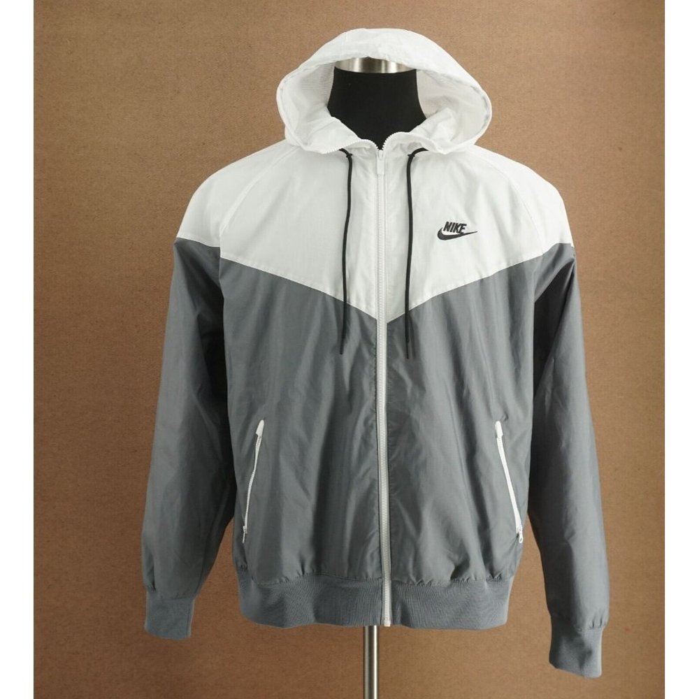 Nike Mens The Windrunner Wind Breaker Jacket White Gray Zip Up Hooded Sz Large